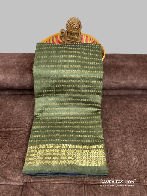 Semi Raw Silk Mehendi Green Handloom Saree with all over Khapa dots and khapa border